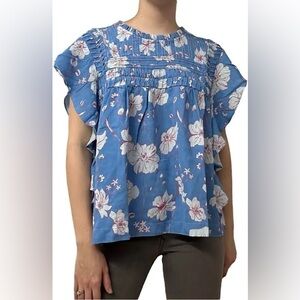 Anthropologie Eze Sur Mer Blouse Ruffle Blue Floral Boho Casual Size Medium NWT